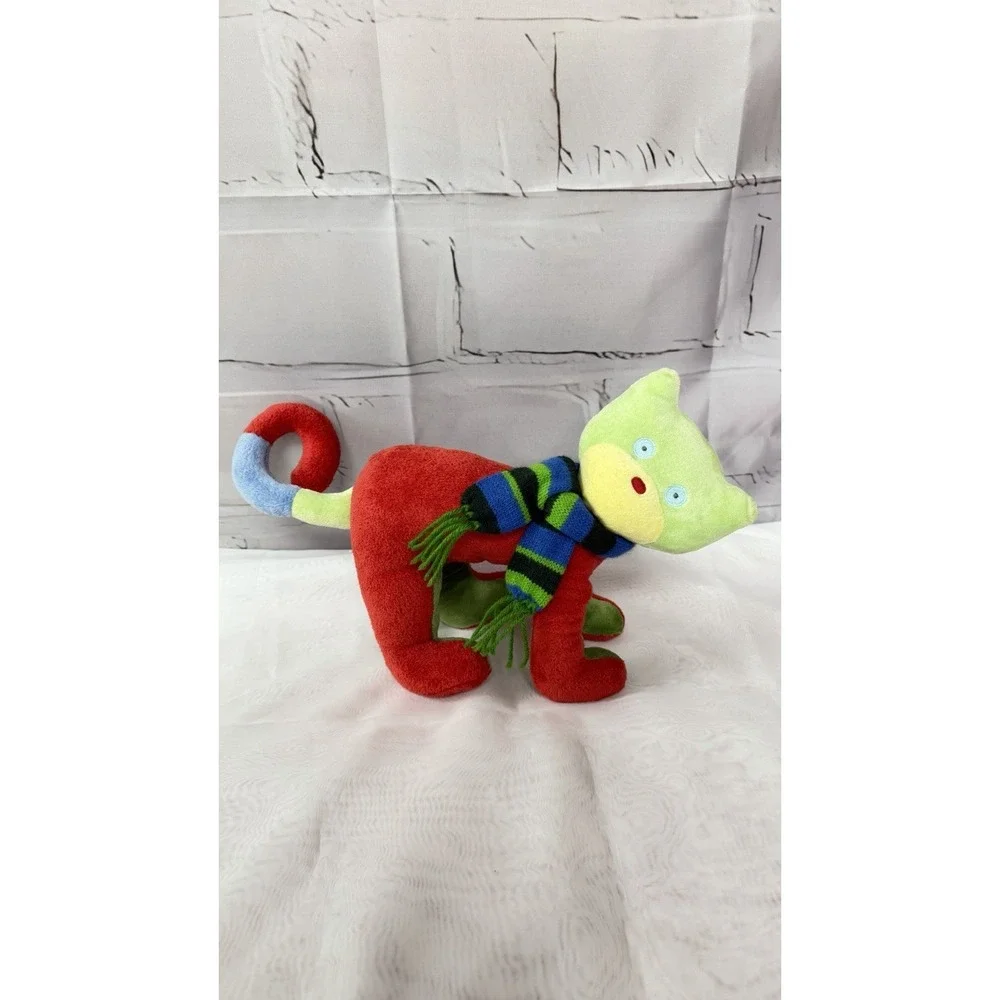 Russ Berrie Stuffed Toy Plush Cat Red Green Blue Yellow Kitty Scarf Curly Tail